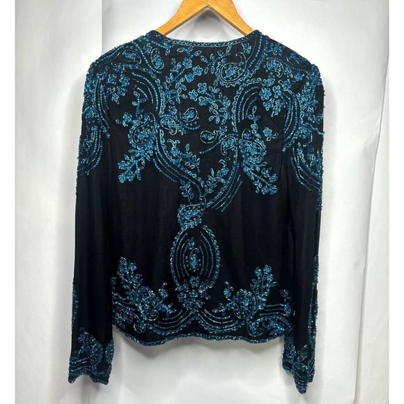 Sean Collection Silk Sequin Beaded Formal Jacket Womens Black Designer Luxury - Picture 3 of 8